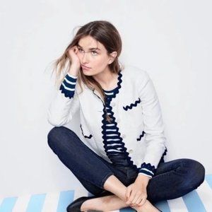 J.Crew White Linen Lady Jacket with Navy Rickrack Trim Size 0